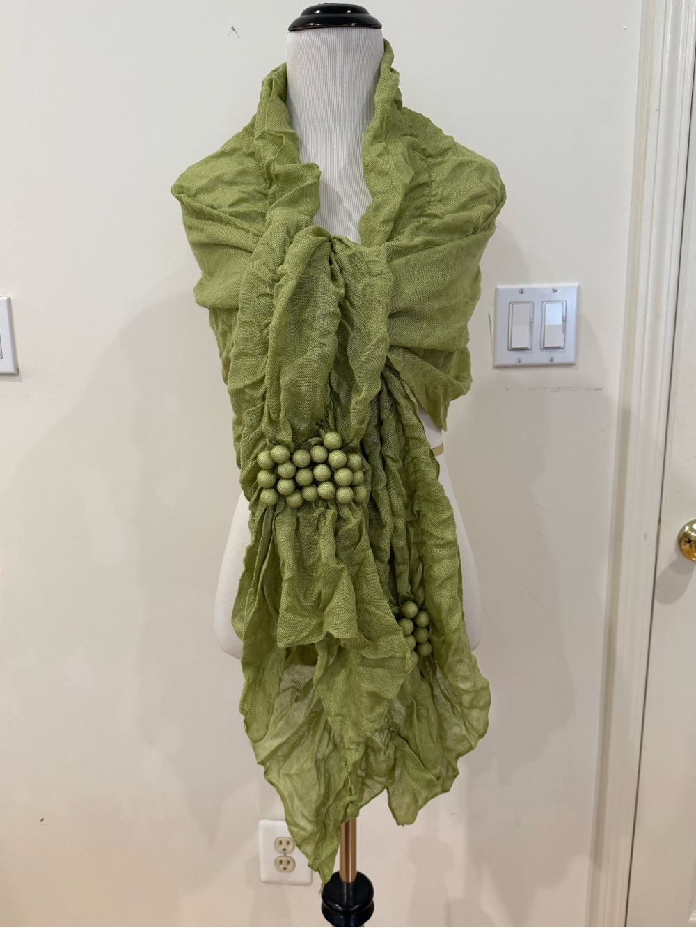 Olive Green Rushed Scarf with large cloth bead clusters